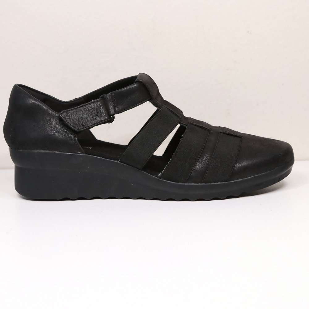 CLARKS Cloudsteppers Cadell Shine Black Wedge Closed Toe Sandals Womens 10 NWOB